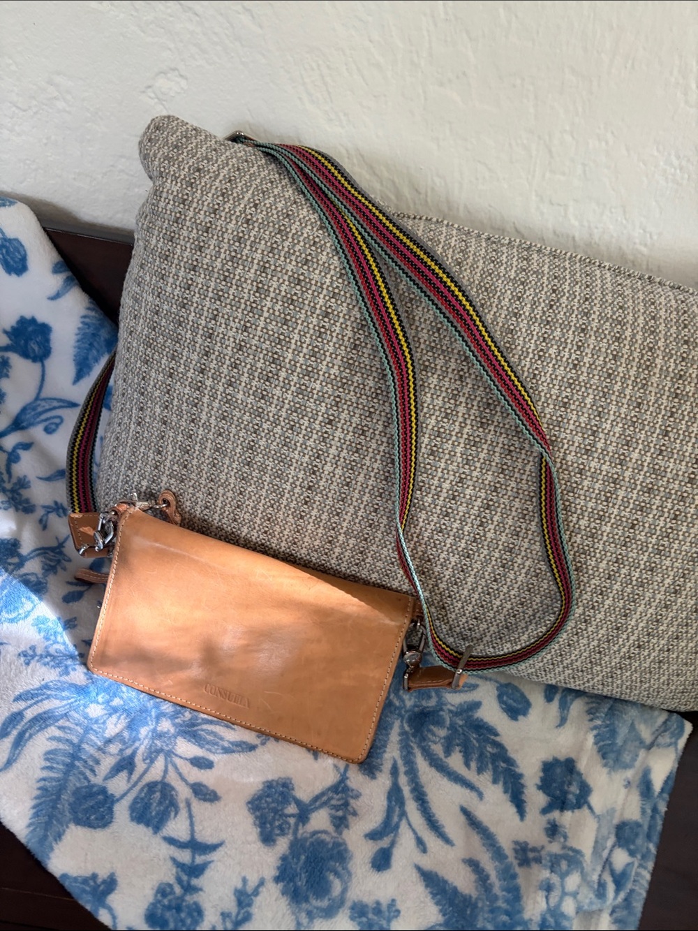 Consuela Tan Leather Crossbody with Multicolor Woven Strap